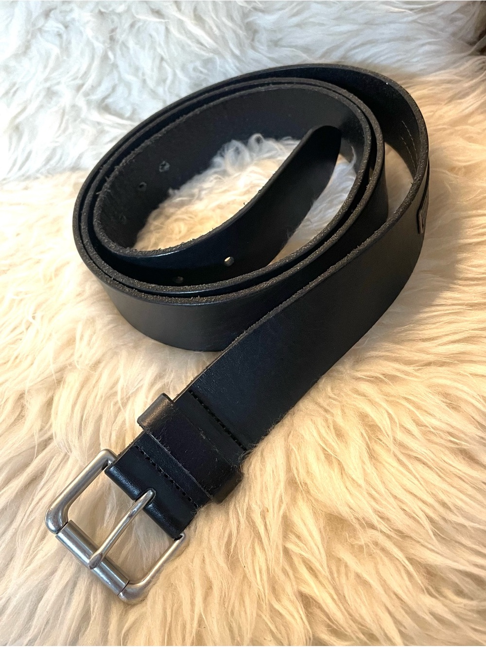 Polo Ralph Lauren Black Saddle Leather Belt Silver Buckle Logo Patch Size 54
